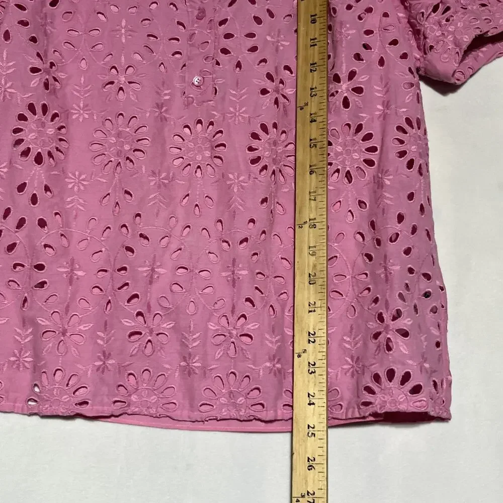 J Crew Puff Sleeve Popover Top in Eyelet Womens Small Pink Embroidered Blouse